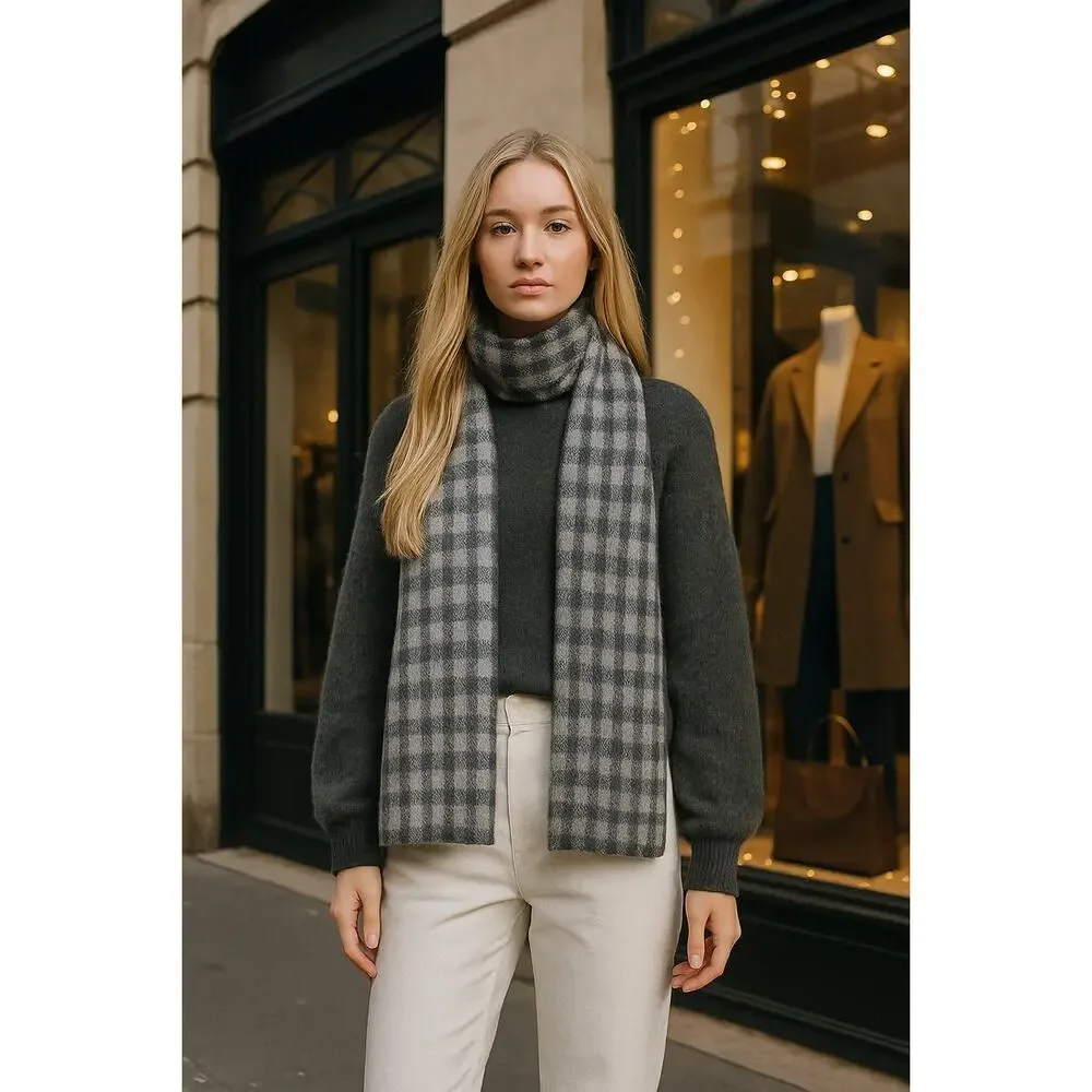 NWT Everlane Unisex The Alpaca Patterned Scarf Gray Buffalo Check One Size